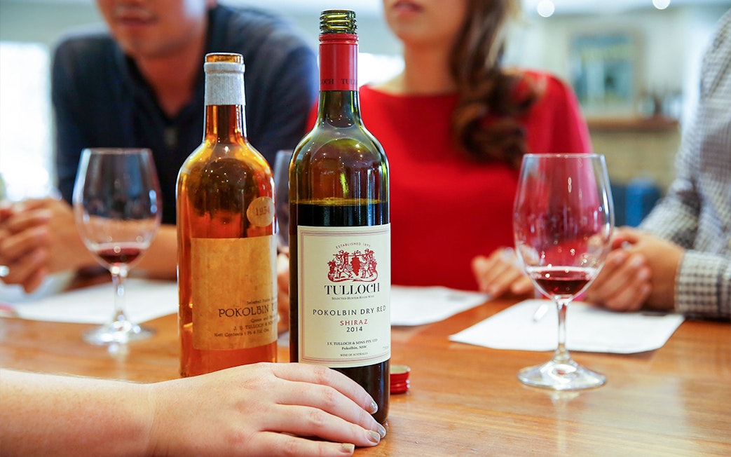Tulloch Wines tasting with glasses and bottles at Hunter Valley experience.