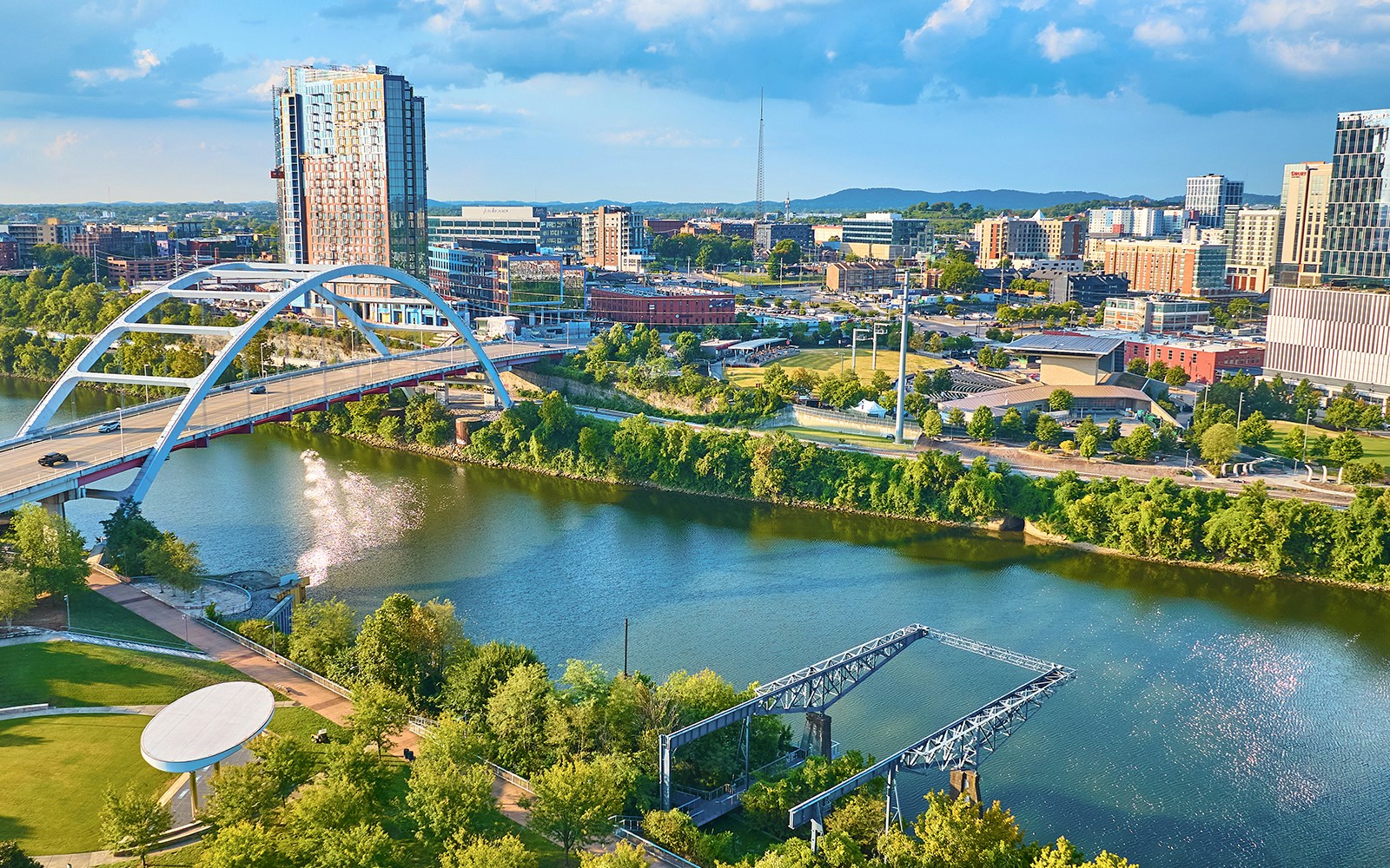 Nashville Riverfront and Bridge, aerial view.