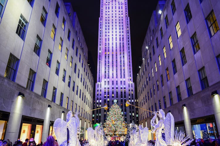 Rockefeller Center Christmas tree with festive lights in New York City.
