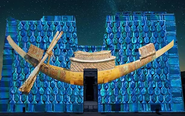 Projection of ancient Egyptian boat on Edfu Temple during Sound and Light Show.