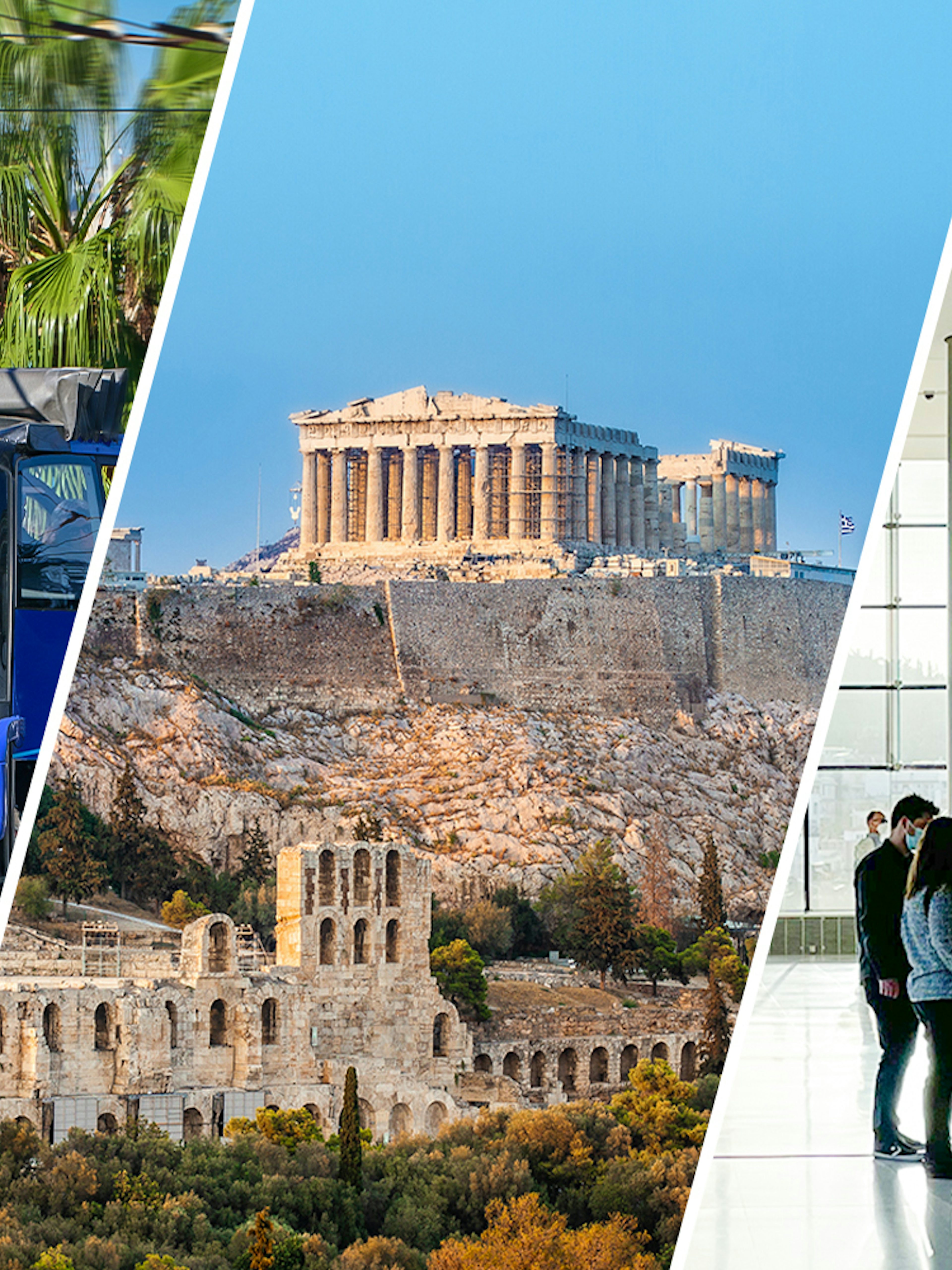 Athens hop-on hop-off bus, Acropolis view, and Acropolis Museum interior.