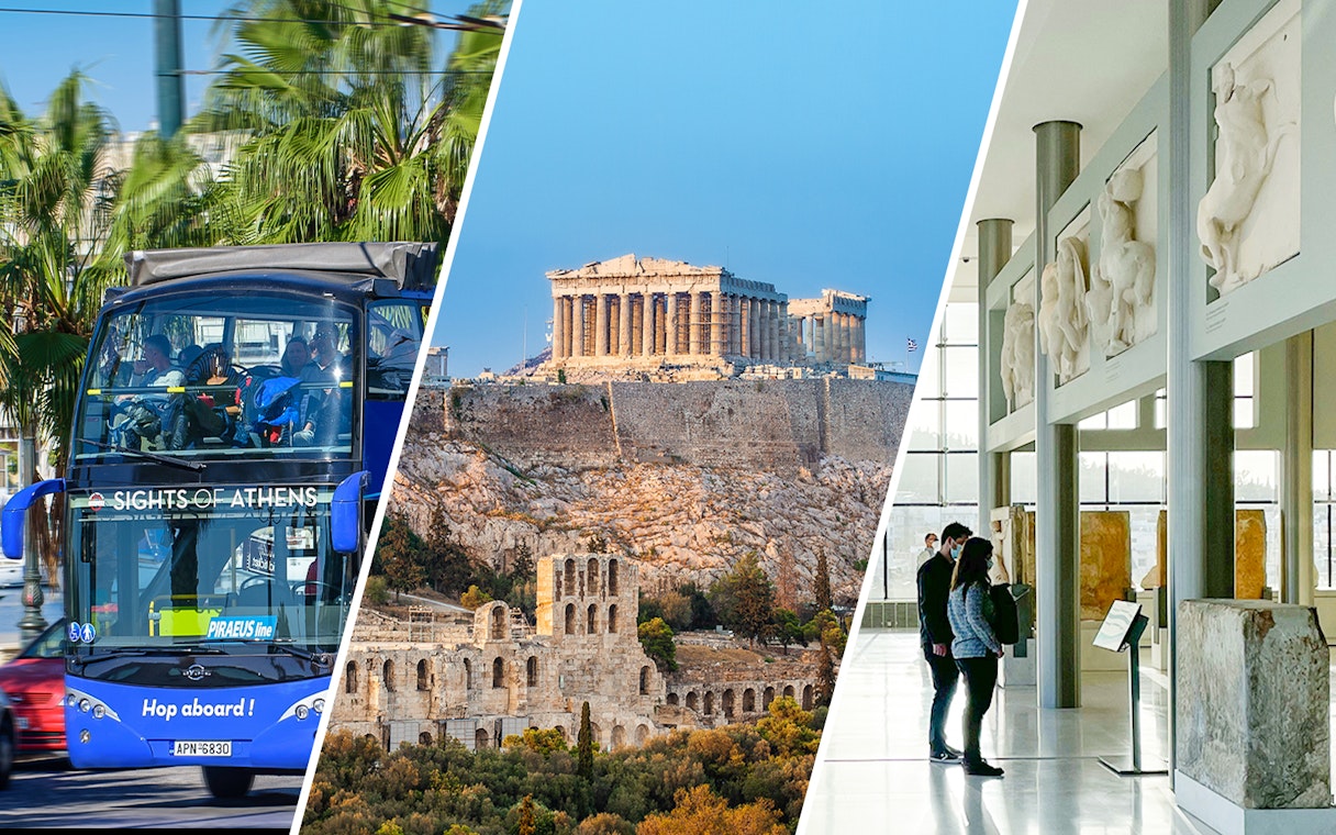 Athens hop-on hop-off bus, Acropolis view, and Acropolis Museum interior.