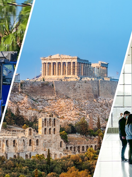 Athens hop-on hop-off bus, Acropolis view, and Acropolis Museum interior.