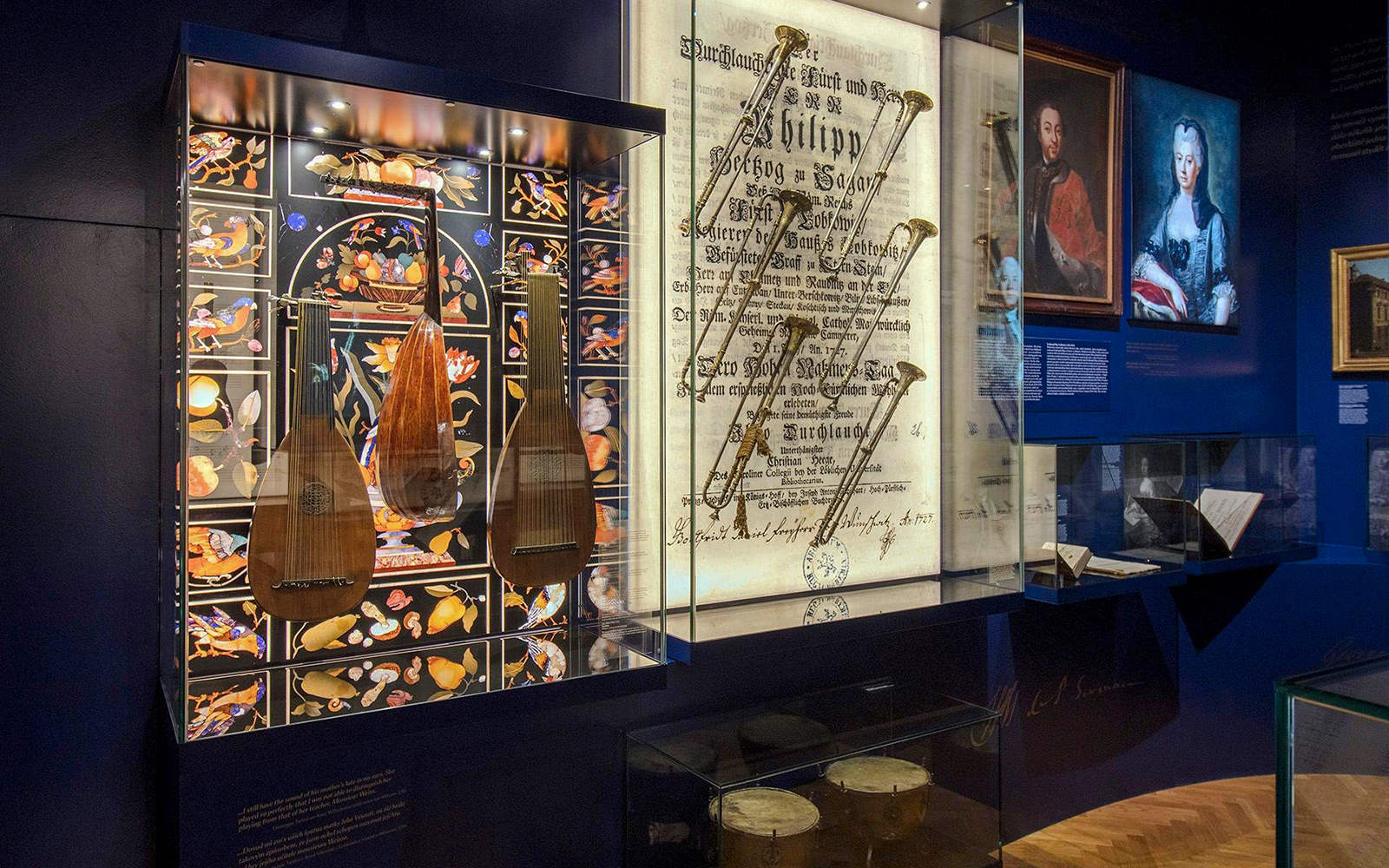 Musical instruments and historical documents on display at Lobkowicz Palace Museum, Prague Castle.