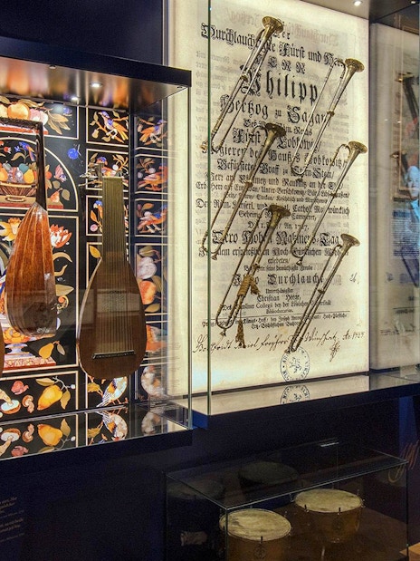 Musical instruments and historical documents on display at Lobkowicz Palace Museum, Prague Castle.