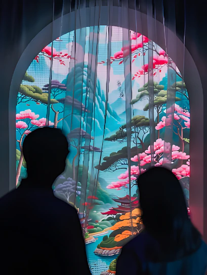 Silhouettes viewing digital art of a colorful landscape at ArtScience Museum exhibit.