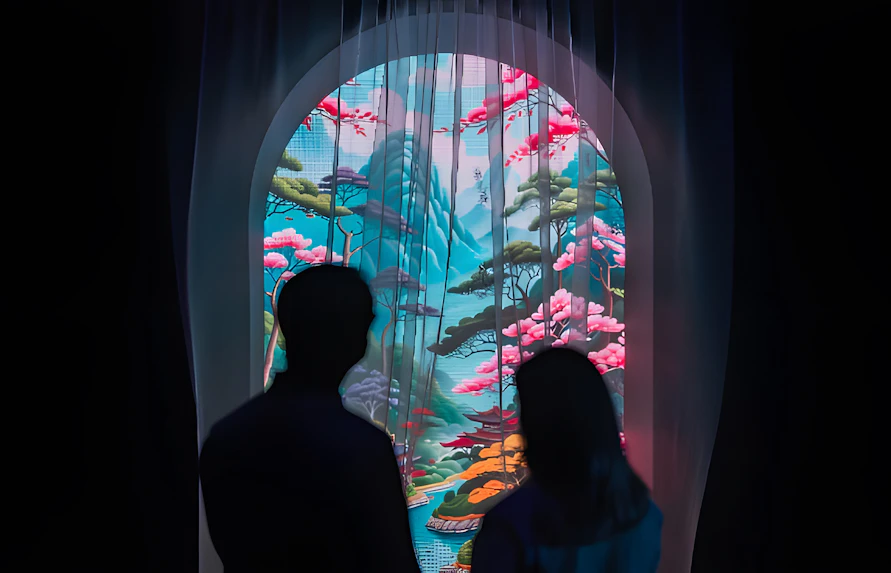 Silhouettes viewing digital art of a colorful landscape at ArtScience Museum exhibit.