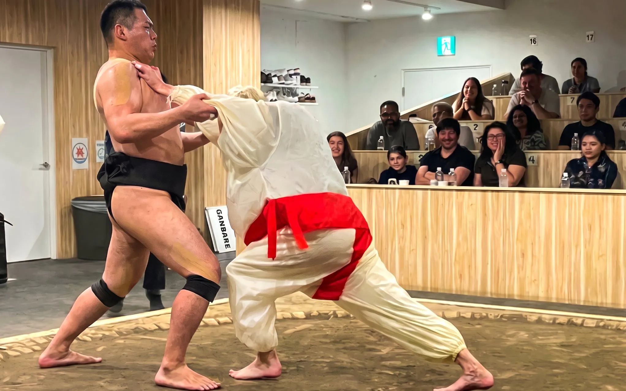 Sumo wrestlers competing in a live show in Kyoto with an audience watching.