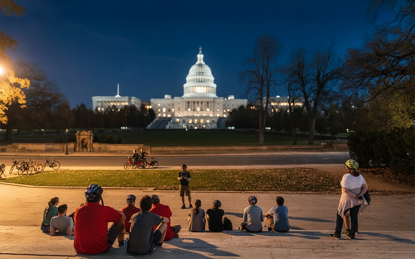 Tourists on a night biking tour listening to a guide in front of the Capitol Building, Washington D.C.