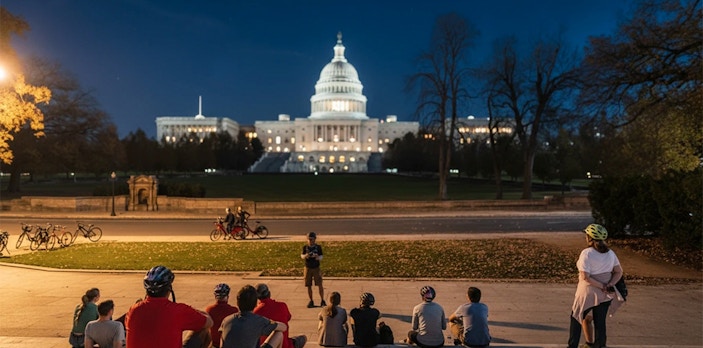 Tourists on a night biking tour listening to a guide in front of the Capitol Building, Washington D.C.