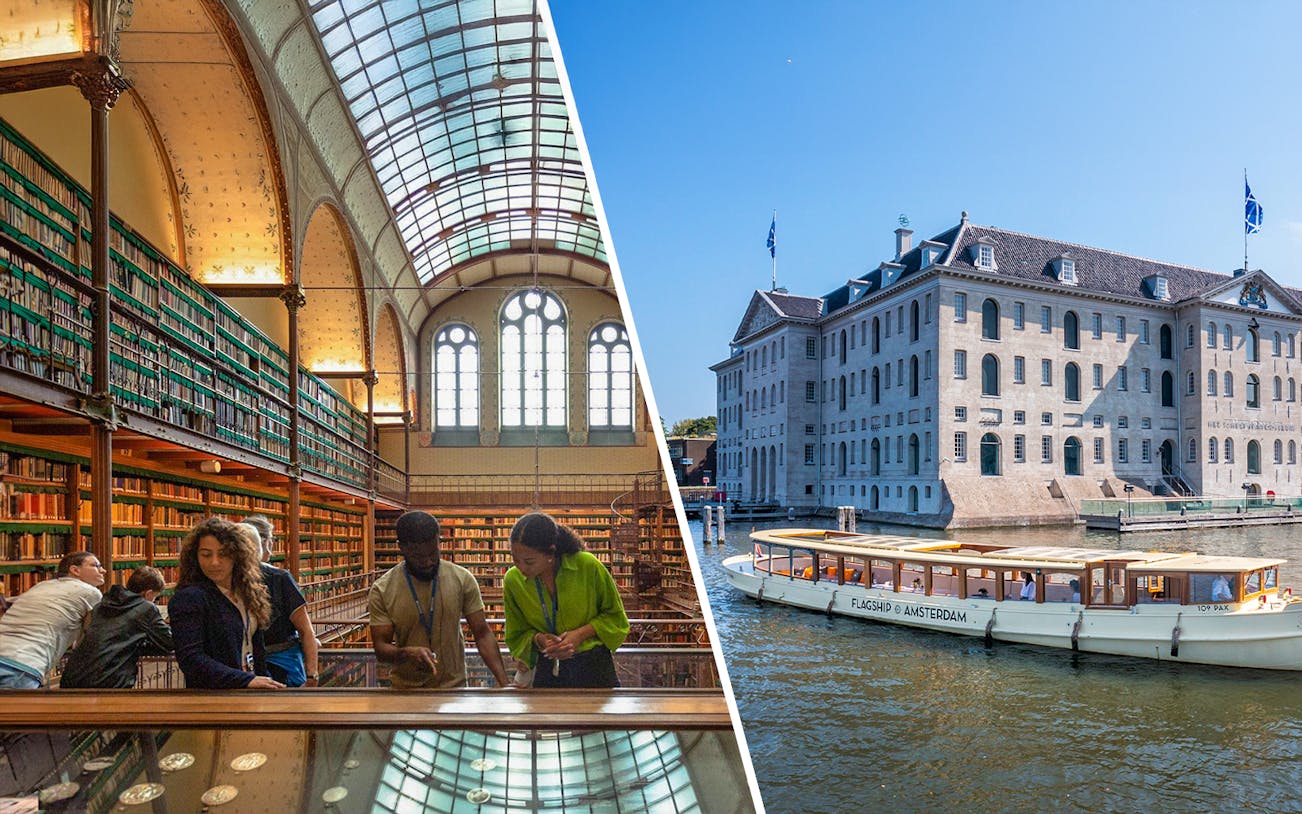 Rijksmuseum library interior and canal boat near Amsterdam Maritime Museum.