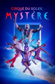 Cirque du Soleil Mystère performers in vibrant costumes on stage, Las Vegas.