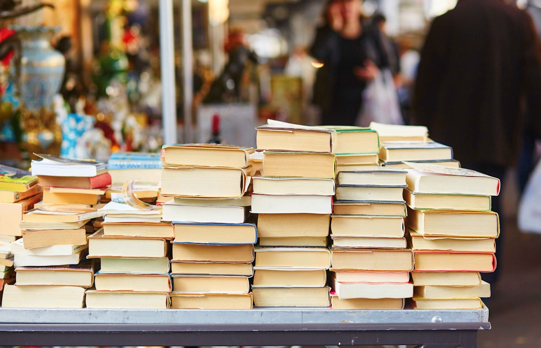 Stack of books on display in Paris.