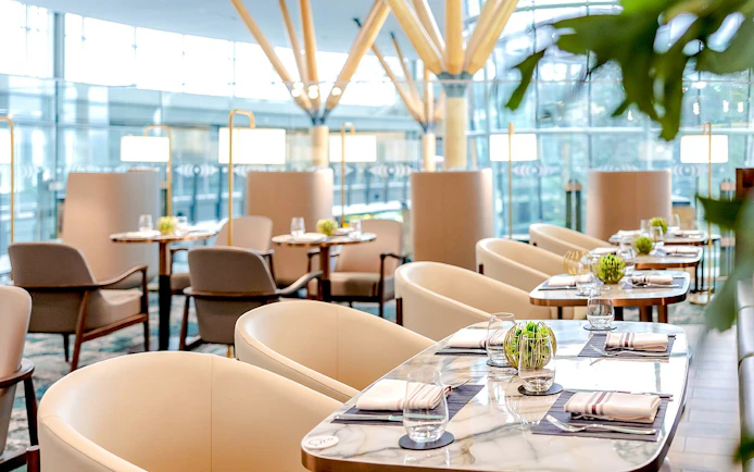 Seating area at Plaza Premium First lounge, Vancouver International Airport.