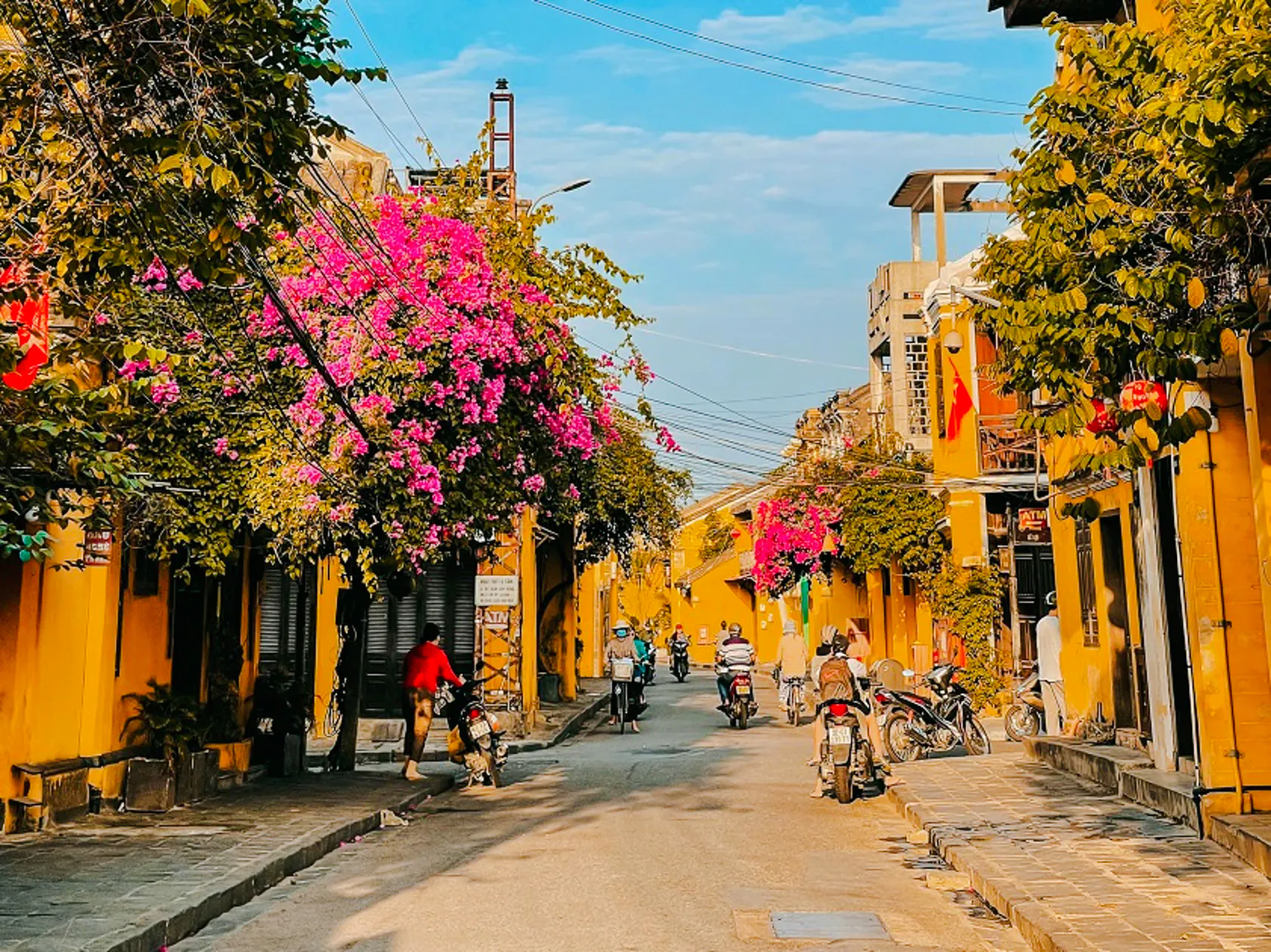 Hoi An street with yellow buildings and pink bougainvillea, motorbikes passing by.