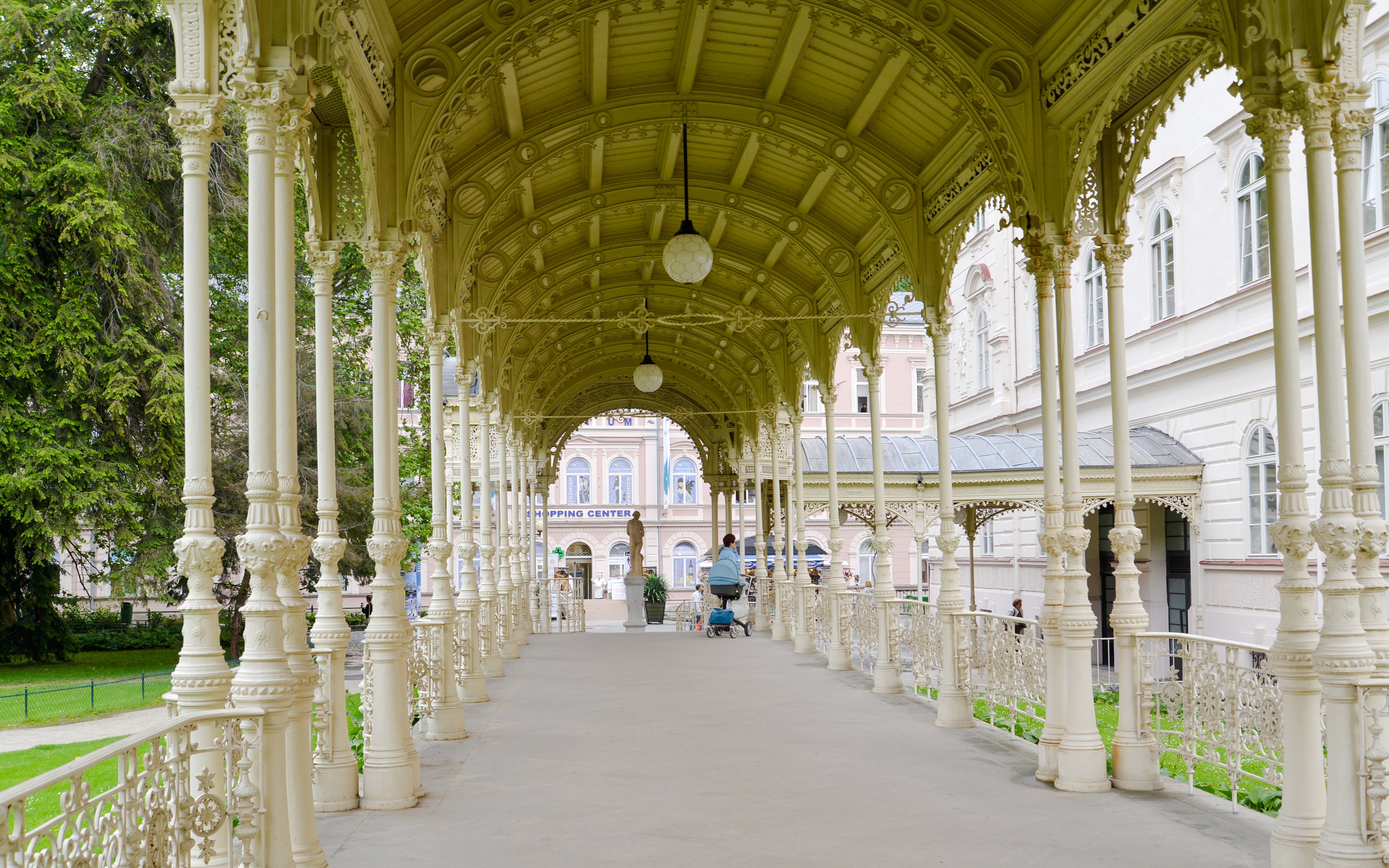 Garden Colonnade in Prague with ornate columns and arched roof.