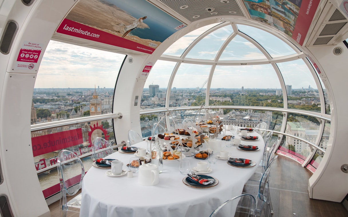 London Eye capsule set for afternoon tea with city view.