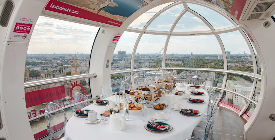 London Eye capsule set for afternoon tea with city view.