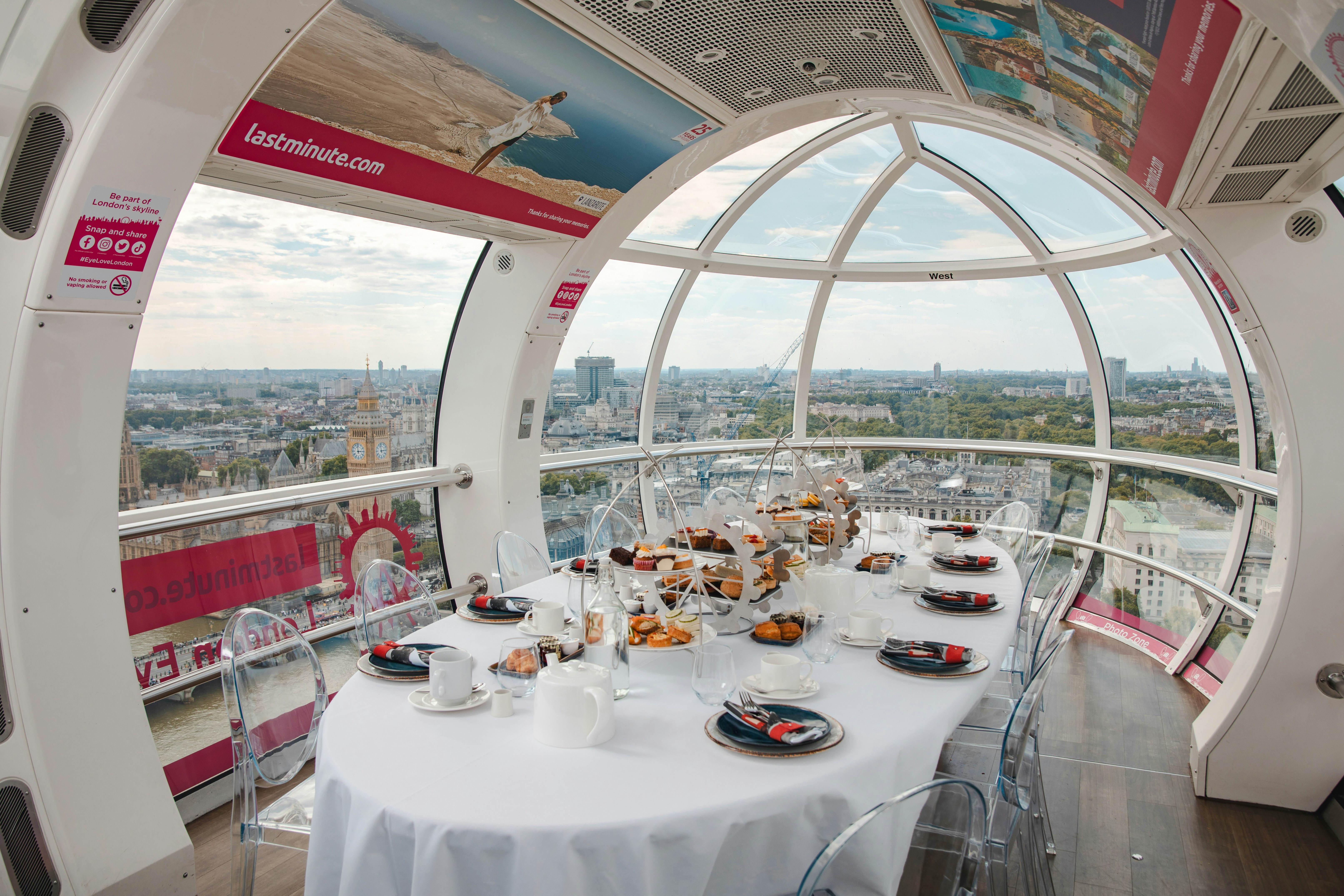 London Eye capsule set for afternoon tea with city view.