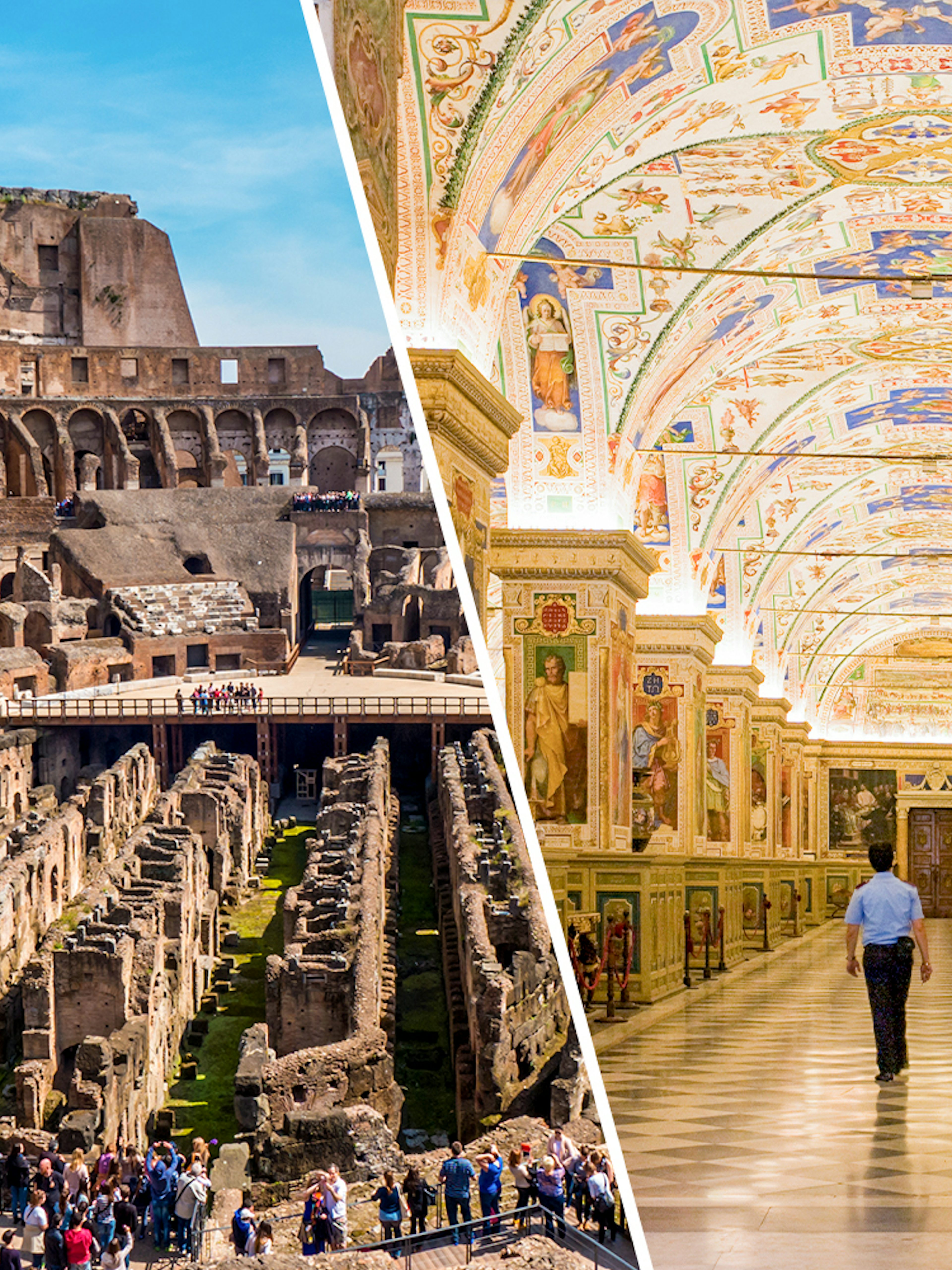 Colosseum interior and Vatican Museums gallery in Rome, Italy.