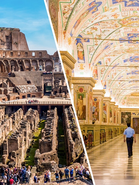 Colosseum interior and Vatican Museums gallery in Rome, Italy.
