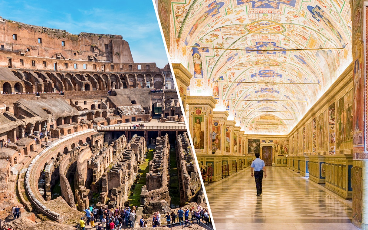 Colosseum interior and Vatican Museums gallery in Rome, Italy.