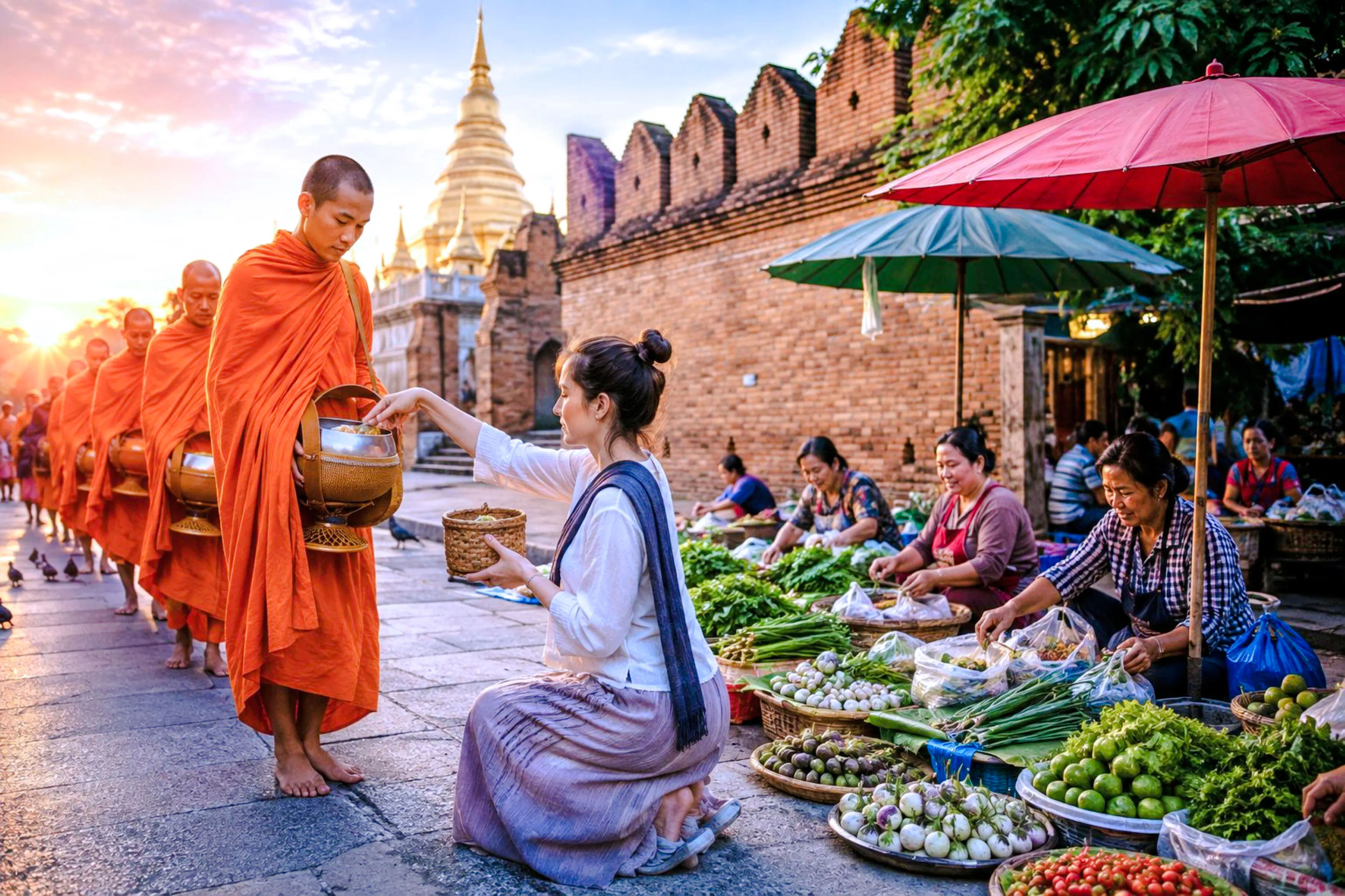 Chiang Mai Sunrise Almsgiving & Local Morning Market Walk