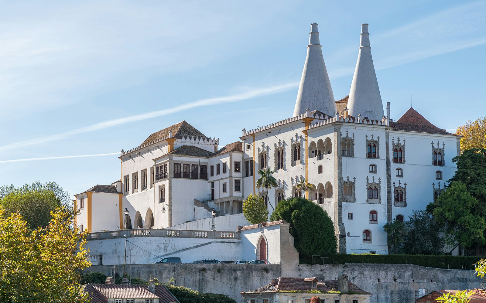 Sintra National Palace with its iconic twin chimneys in Sintra, Portugal.