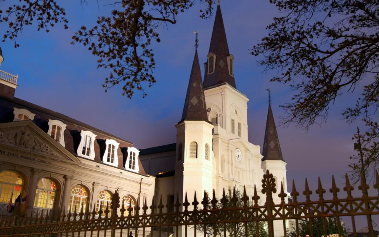 St. Louis Cathedral at dusk, New Orleans, part of self-guided ghost tour.