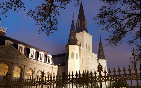 St. Louis Cathedral at dusk, New Orleans, part of self-guided ghost tour.