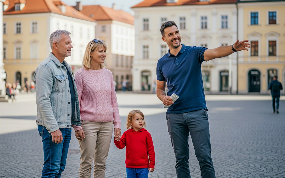 Tour guide leading tourists through Ljubljana's historic square.