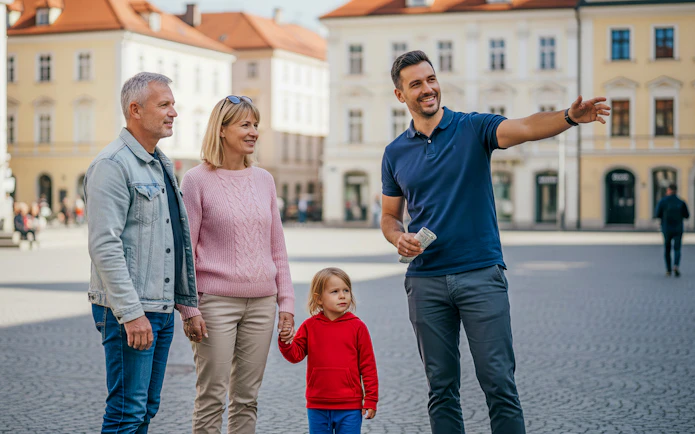 Tour guide leading tourists through Ljubljana's historic square.