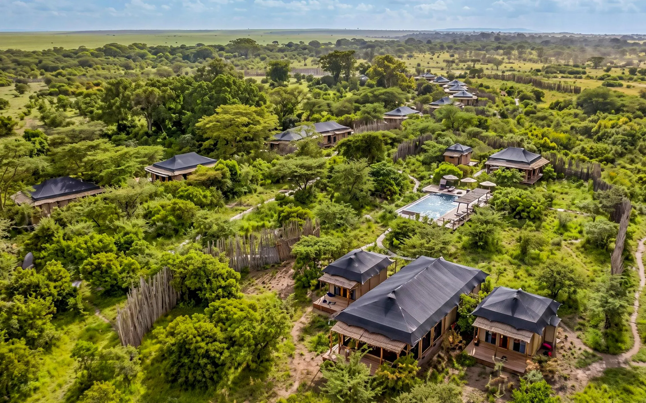 Aerial view of luxury tents and pool in Masai Mara safari camp, Kenya.