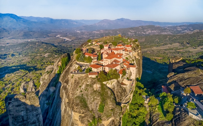 Holy Monastery of the Great Meteoron perched on a rocky cliff in Meteora, Greece.