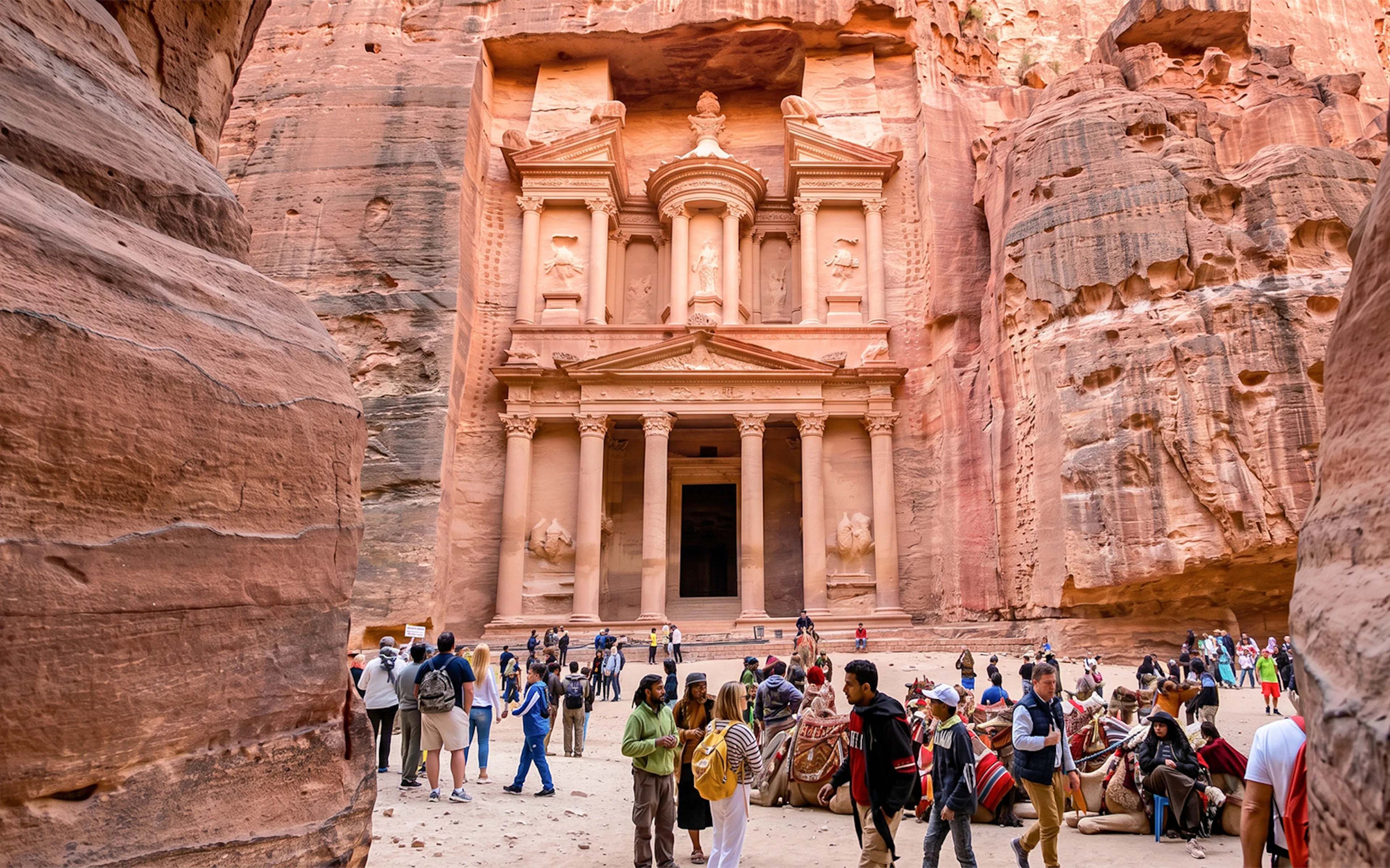 Tourists exploring the ancient rock-cut architecture of Petra in Jordan.