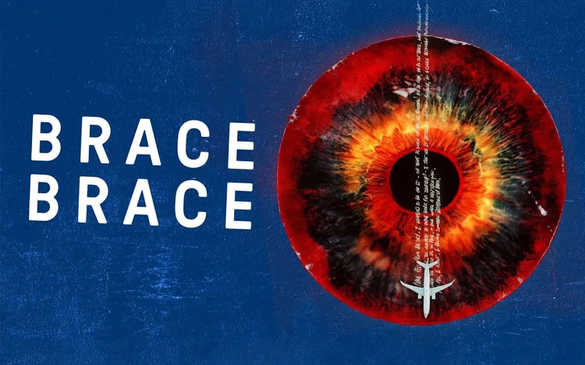 Brace Brace text beside fiery eye design with airplane silhouette