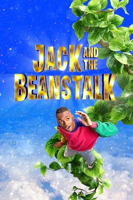 Jack climbing a giant beanstalk with a blue sky background, Jack and the Beanstalk text.