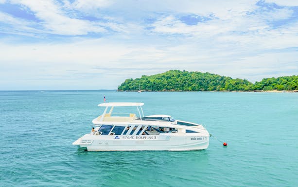 Power catamaran on turquoise waters near a lush green island.