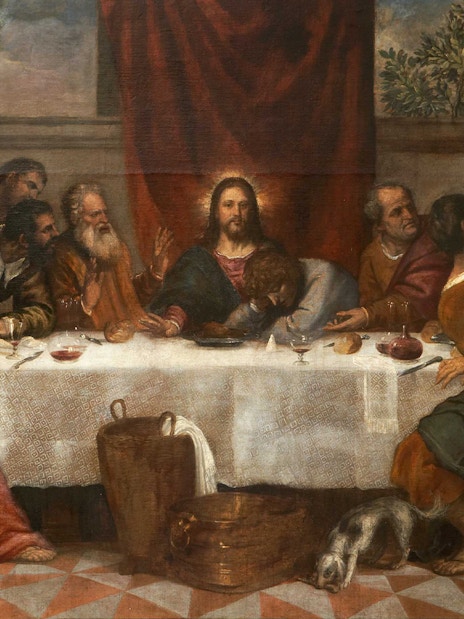 The Last Supper by Titian depicting Jesus and disciples at a table with bread and wine.