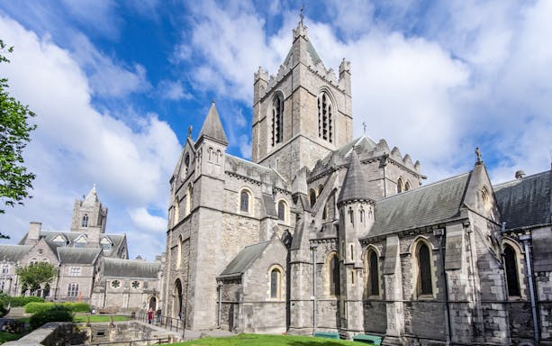 Christ Church Cathedral in Dublin with its Gothic architecture and stone facade.