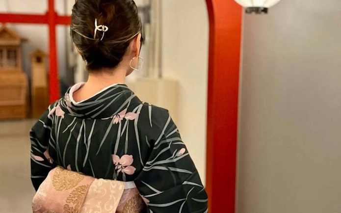 Woman in kimono at Ochiizumibeya Sumo Practice Show, Tokyo.