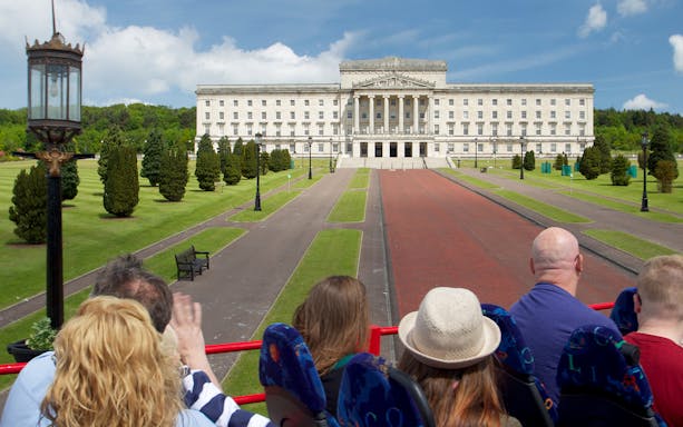 Stormont Estate viewed from a Belfast hop-on-hop-off tour bus.