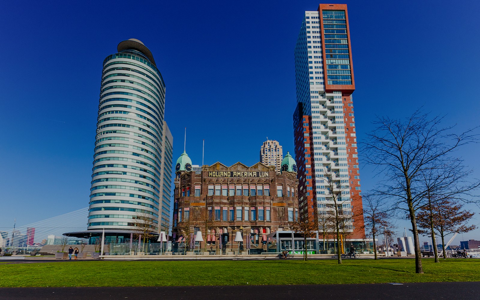 Holland America Line building with modern towers in Rotterdam, Netherlands.