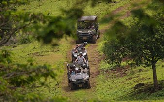 Quad bikes on a trail through lush greenery in Bel Ombre.