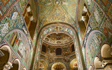 Intricate mosaics inside Basilica di San Vitale, Ravenna, Italy, showcasing vibrant religious scenes.
