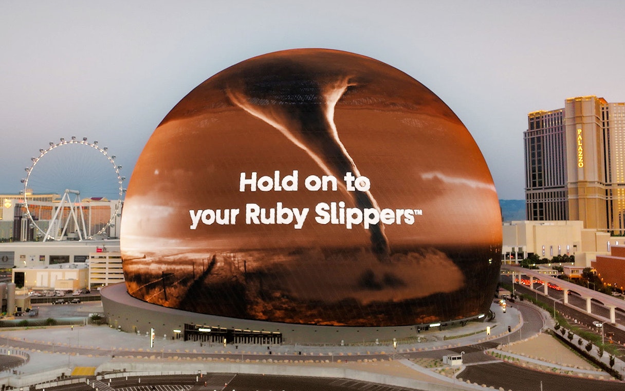 Tornado scene from Wizard of Oz displayed on Sphere in Las Vegas.