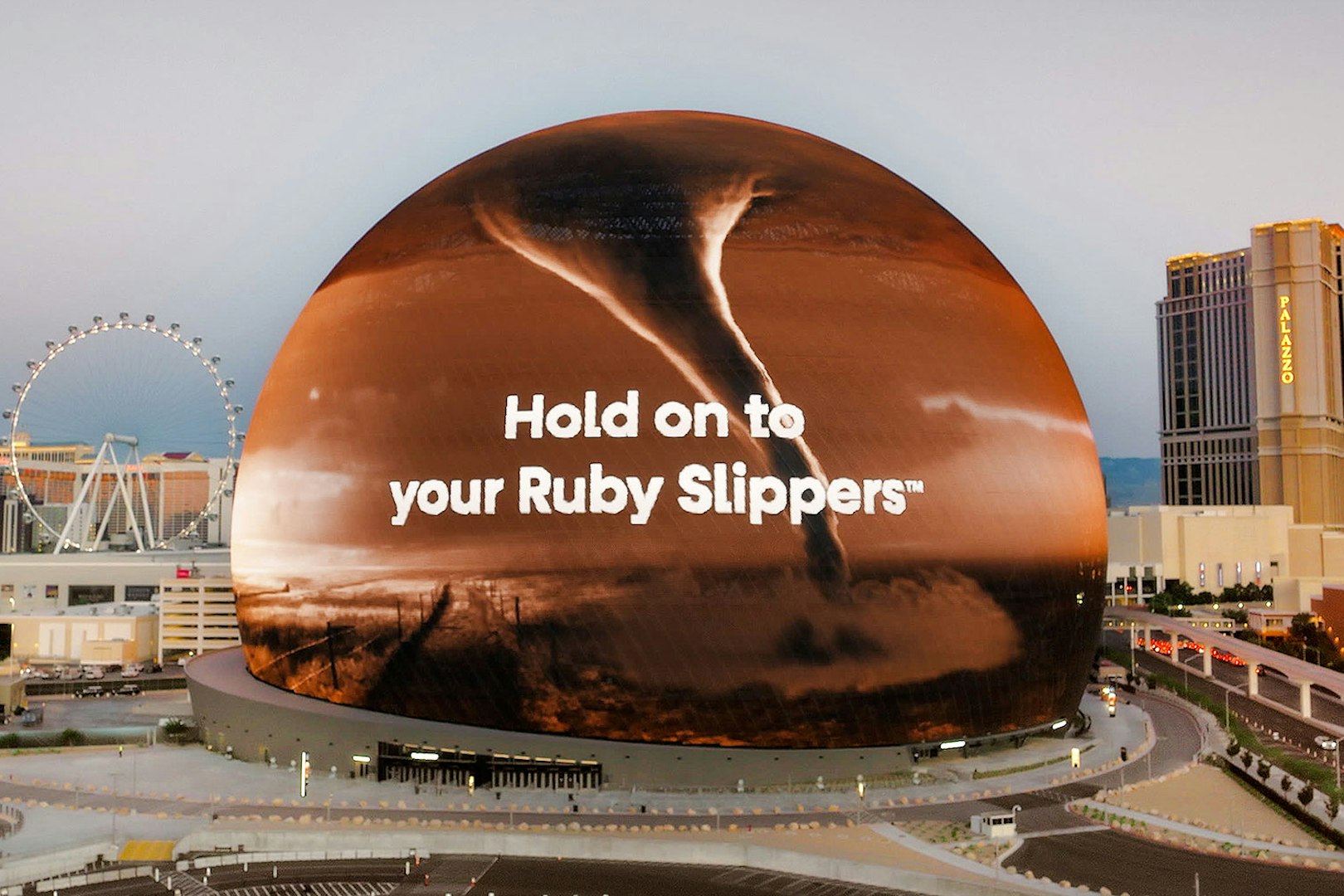 Tornado scene from Wizard of Oz displayed on Sphere in Las Vegas.
