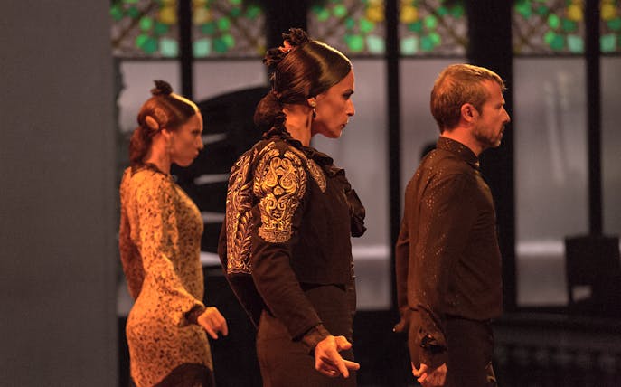 Flamenco dancers performing at Teatro EDP Gran Vía in Madrid.