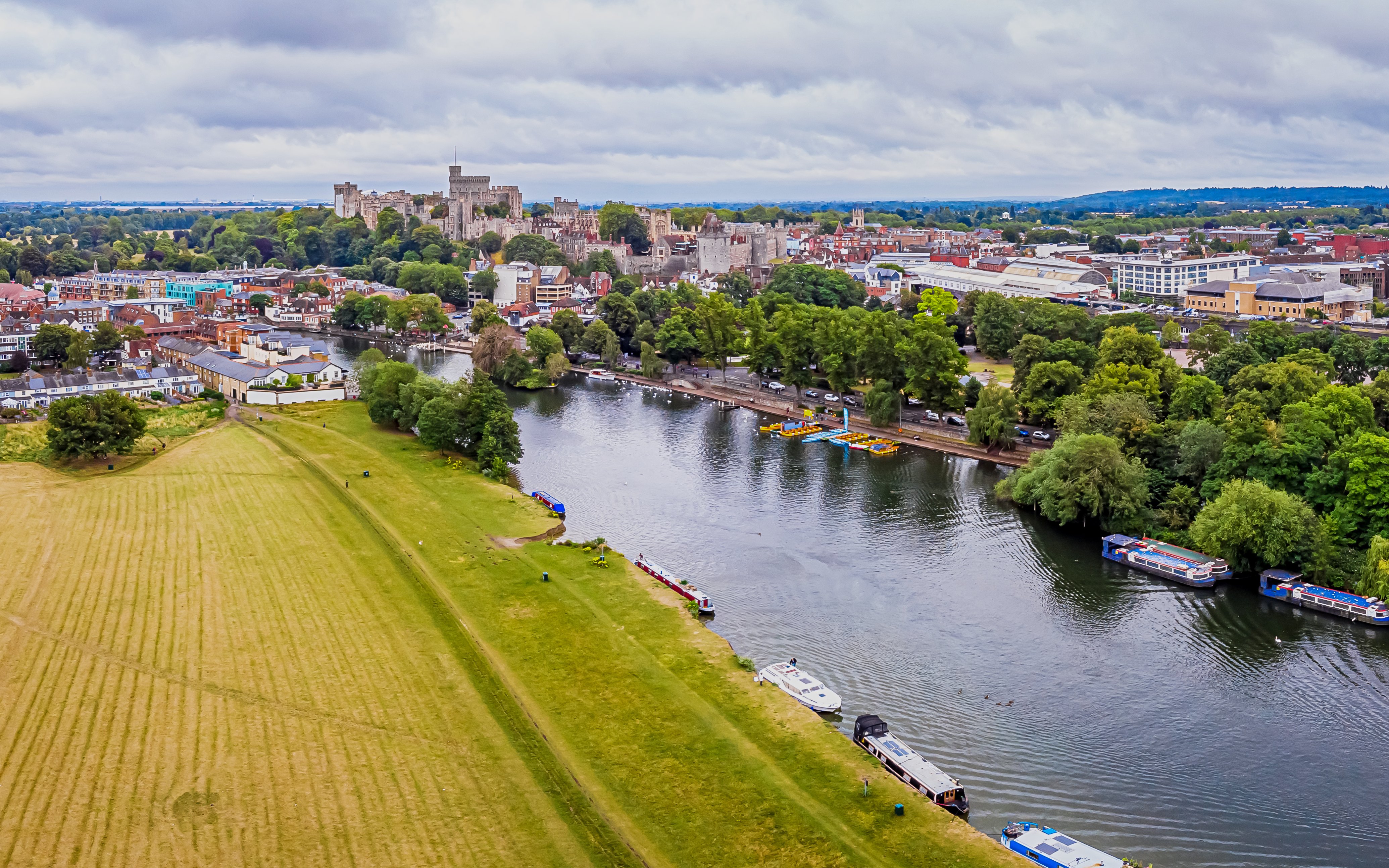 Aerial view of Windsor Castle and River Thames in England.