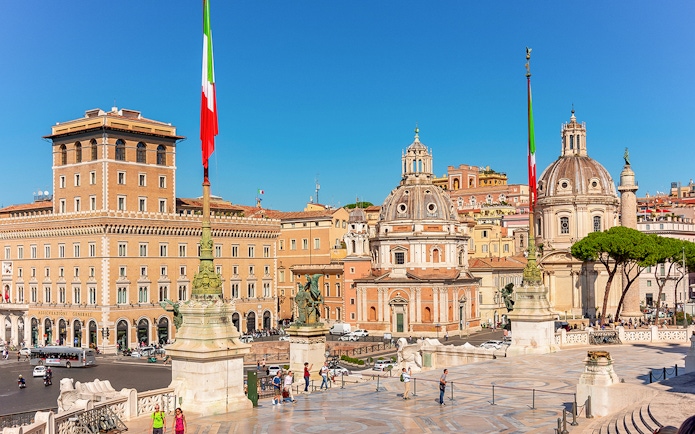Altare della Patria view with Trajan's Column and Rome cityscape, Italy.
